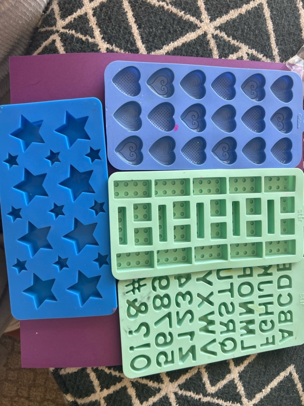 Silicone Mold Set- Hearts, Stars, Letters & Bricks - Blue, Purple, Mint